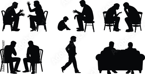 Conversation silhouettes of people discussing, teaching, listening, walking, relaxing, emotional communication, social bonding, lifestyle unity vector illustration art