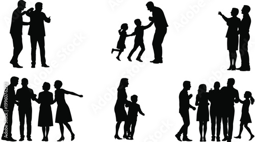 Family interaction silhouettes with parents and children, social bonding, joyful communication, unity moments, love connection, togetherness lifestyle vector illustration art