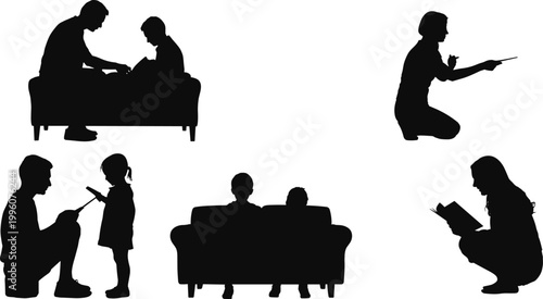 Family reading and teaching silhouettes with parents and children, joyful learning, educational communication, bonding moments, vector illustration for stock content