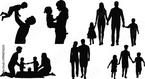 Family silhouettes with parents and children bonding, walking, playing, lifting, holding, joyful interaction, love connection, togetherness lifestyle vector illustration art