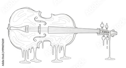 Abstract outline of a cello with a bow on a white background.