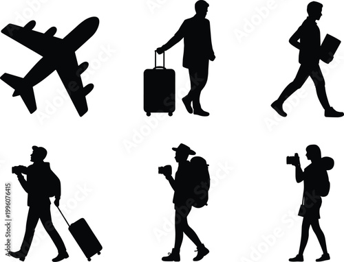 Silhouette airplane travel, people walking with luggage, carrying bags, taking photos, tourism journey, business trip, adventure exploration, modern travel lifestyle