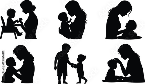 Silhouette adult and children caring, feeding, holding, nurturing, bonding, teaching, comforting, family love, childhood connection, parenting moments, emotional interaction