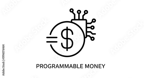Programmable Money Icon: Digital Dollar Symbol with Microchip, Fintech Concept