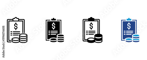 Financial billing invoice document with dollar coin icon vector set. Account balance report, business tax statement, electronic payment receipt, and monetary transaction record