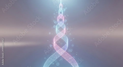 Abstract depiction of a glowing DNA helix against a blurred background representing science and technology.