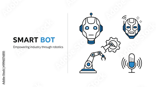 A blue and black robotic illustration with a microphone and gear on a showing smart bot technology.