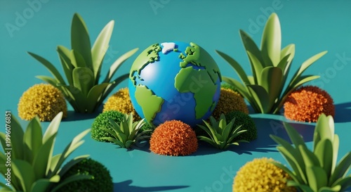 Artistic depiction of Earth surrounded by vibrant plants showcasing environmental awareness and sustainability.