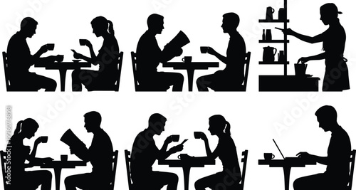 Silhouette illustration of people in café restaurant environment, showing dining, ordering, reading menus, and working on laptops with modern lifestyle
