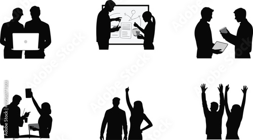 Silhouette illustration of teamwork collaboration, group success, professional discussion, brainstorming, and celebration activities representing modern workplace unity and achievement