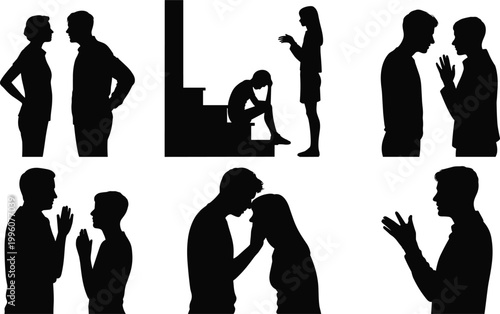 Silhouette people communicating, debating, comforting, discussing, sharing emotions, teamwork interaction, social bonding, expressive gestures, human connection, group conversation moments