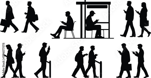 Silhouette people walking, sitting, using mobile phones, commuting, urban lifestyle, modern technology habits, communication, social interaction, everyday public activities