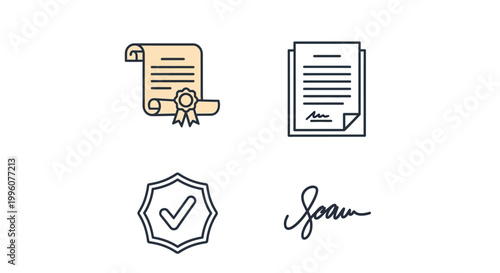 Certificate and document icons with signature.