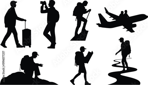 Silhouettes of travelers walking, photographing, hiking, resting, reading maps, exploring paths, airplane journey adventure vector illustration for stock content SEO