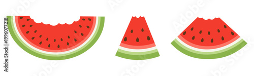 Set of bitten watermelon slices isolated on white background. Vector summer fruit illustration.