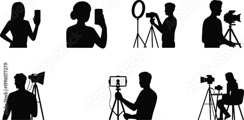 Silhouettes of people photographing, filming, recording, using smartphones, cameras, tripods, ring lights, modern content creation vector illustration for stock SEO