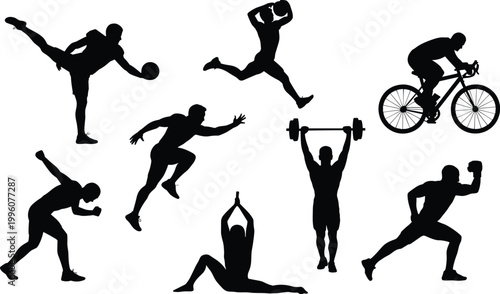 Sports and fitness silhouettes with running, cycling, basketball, soccer, baseball, weightlifting, yoga poses, athletic activities, vector illustration for stock content