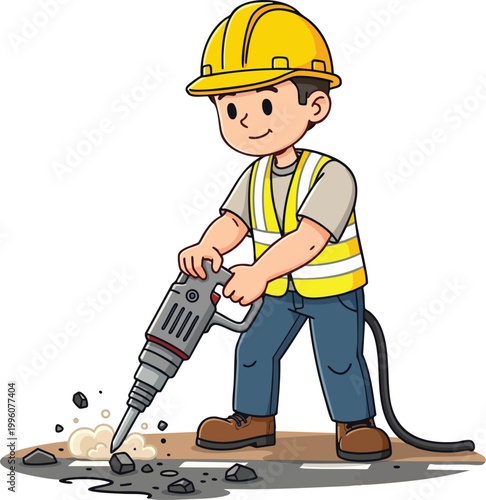 Cartoon construction worker man with helmet and vest operating jackhammer on asphalt road