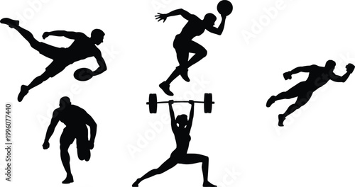 Vector silhouettes of athletes performing soccer, basketball, weightlifting, sprinting, and diving actions, showcasing sports energy, fitness, strength, and motion