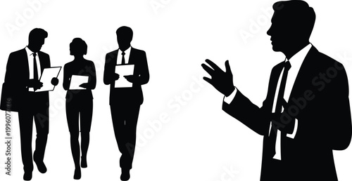 Vector silhouettes of business teamwork, professionals walking with documents, corporate communication, presentation scene, collaboration, leadership, unity, and workplace interaction