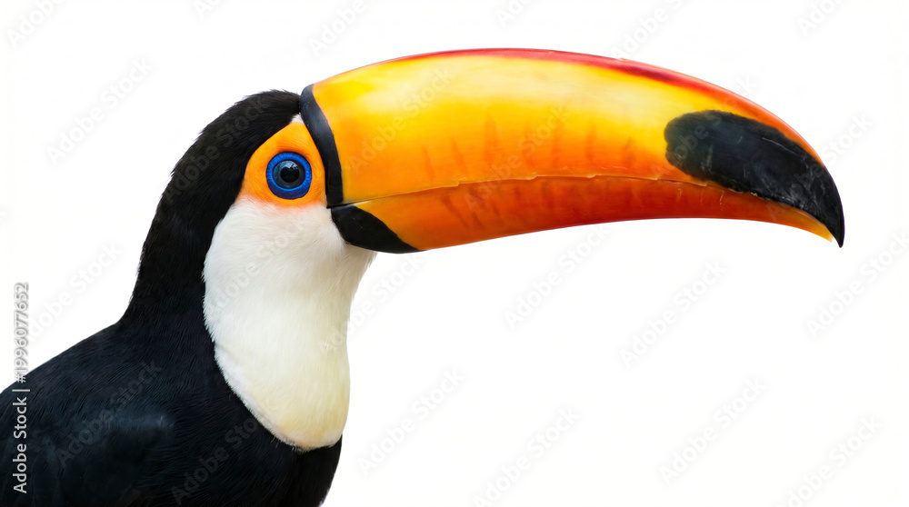 Fototapeta premium Close-up of a Toucan Bird with Bright Orange Beak and Blue Eyes
