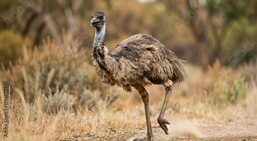 Emu walking through dry Australian outback scrubland