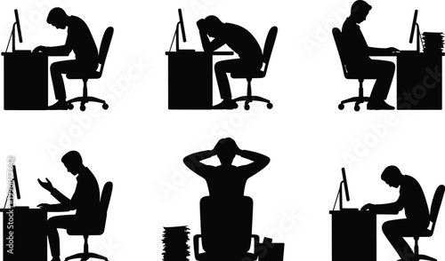 Vector silhouettes of office worker at computer desk showing stress, fatigue, concentration, multitasking, paperwork, and modern workplace lifestyle behaviors