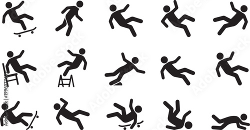 Set of Black Silhouettes Depicting Various Falling Actions and Accidents, Flat Design Vector Illustration