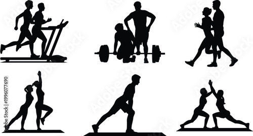 Vector silhouettes of people exercising, running, lifting weights, yoga stretching, fitness activities, healthy lifestyle, gym workout, physical training illustration