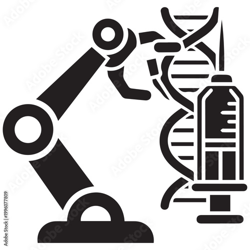 Robot arm, DNA helix, syringe icon, biotechnology symbol, medical technology logo