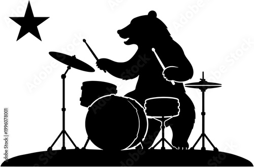 California Bear Playing Drums Silhouette Vector