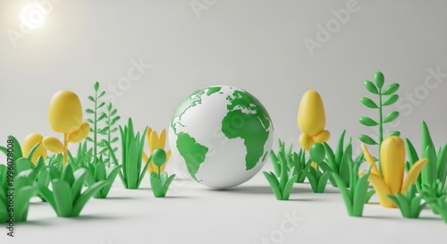 EcoFriendly Earth Surrounded by Greenery and Yellow Flowers A Sustainable World Concept.
