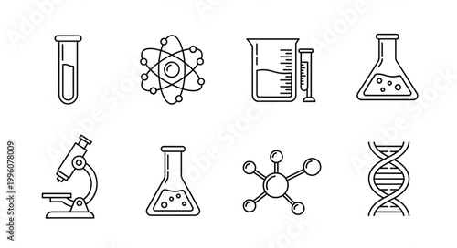 Science laboratory equipment and symbols.
