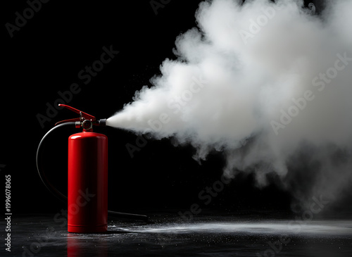 Red fire extinguisher discharges white smoke in dark. Safety device disperses agent against danger. Emergency equipment ready for fire. Urgency and protection concept. Fire Safety / Emergency Response