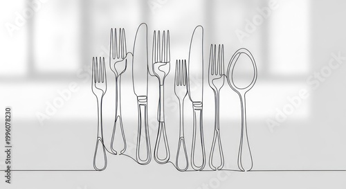 Elegant Line Art of Cutlery Forks Knives and Spoons on a White Background.