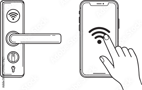 Smart door lock with wifi symbol controlled by smartphone and finger tap, vector illustration