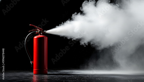 Red fire extinguisher discharges white smoke in dark. Safety device disperses agent against danger. Emergency equipment ready for fire. Urgency and protection concept. Fire Safety / Emergency Response