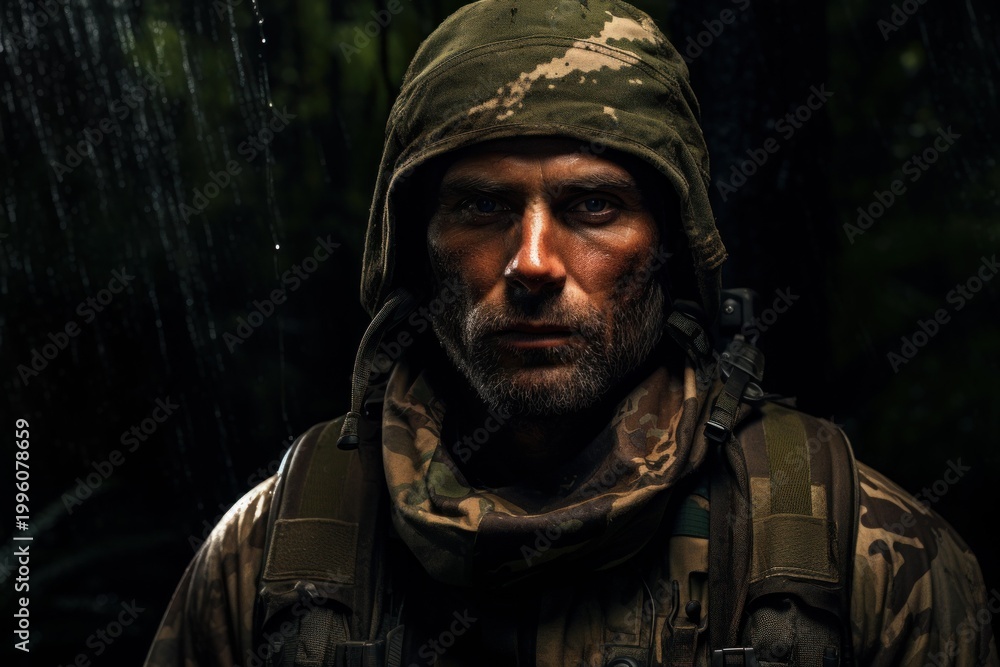 Fototapeta premium Soldier in camouflage gear standing in rain, showing intense military grit and determination
