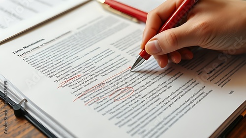 A red pen marking corrections on a printed manuscript at a desk workspace.