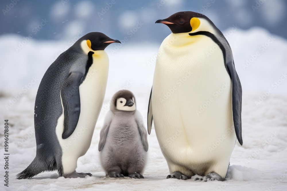 Fototapeta premium Emperor penguin parents huddling with their chick on the snowy antarctic ice