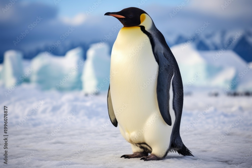 Fototapeta premium Emperor penguin standing on an icy landscape with icebergs and blue sky in antarctica