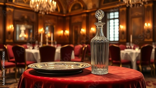 A silver salver and crystal decanter on a velvet table in a banquet hall.