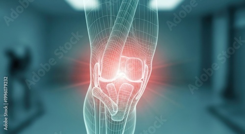 Medical Illustration of Knee Joint with Highlighted Pain Area Healthcare Concept.