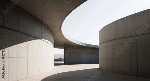 Modern architectural design with curved concrete walls and natural light.