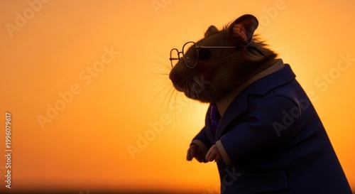Silhouette of a hamster wearing glasses and a suit at sunset.