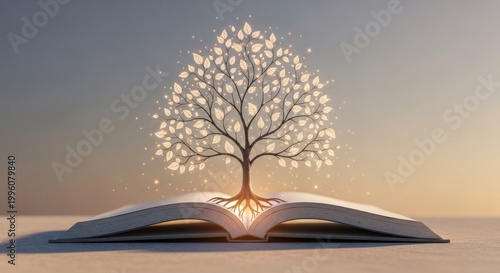 Tree of knowledge growing from an open book symbolizing wisdom.