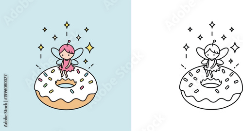 Cute Fairy Sitting on a Glazed Donut Vector Illustration with Colorful Sprinkles and Sparkles, Includes Black and White Line Art Version for Kids Coloring Page and Bakery Graphic Design