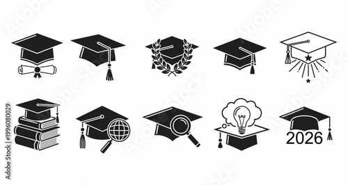 Graduation icons and education symbols.
