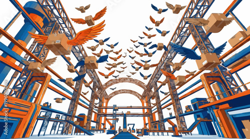 Birds in flight among industrial arches.