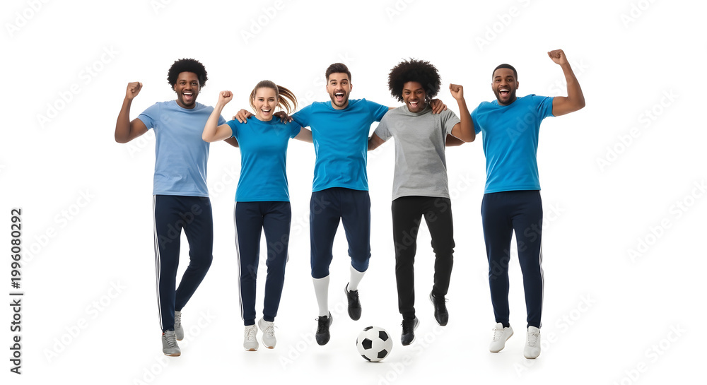 Fototapeta premium A group of diverse friends jumping and celebrating with a soccer ball